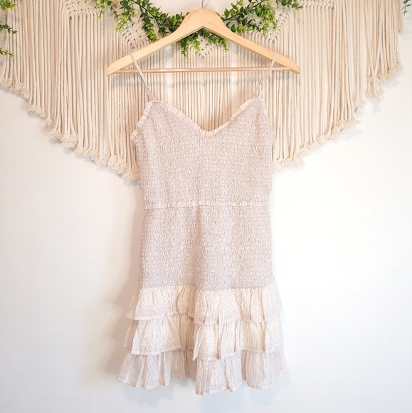 LOVERS + FRIENDS Sallie Smocked Ruffle Tiered Metallic Rainbow Mini Dress sz XS - Picture 3 of 9